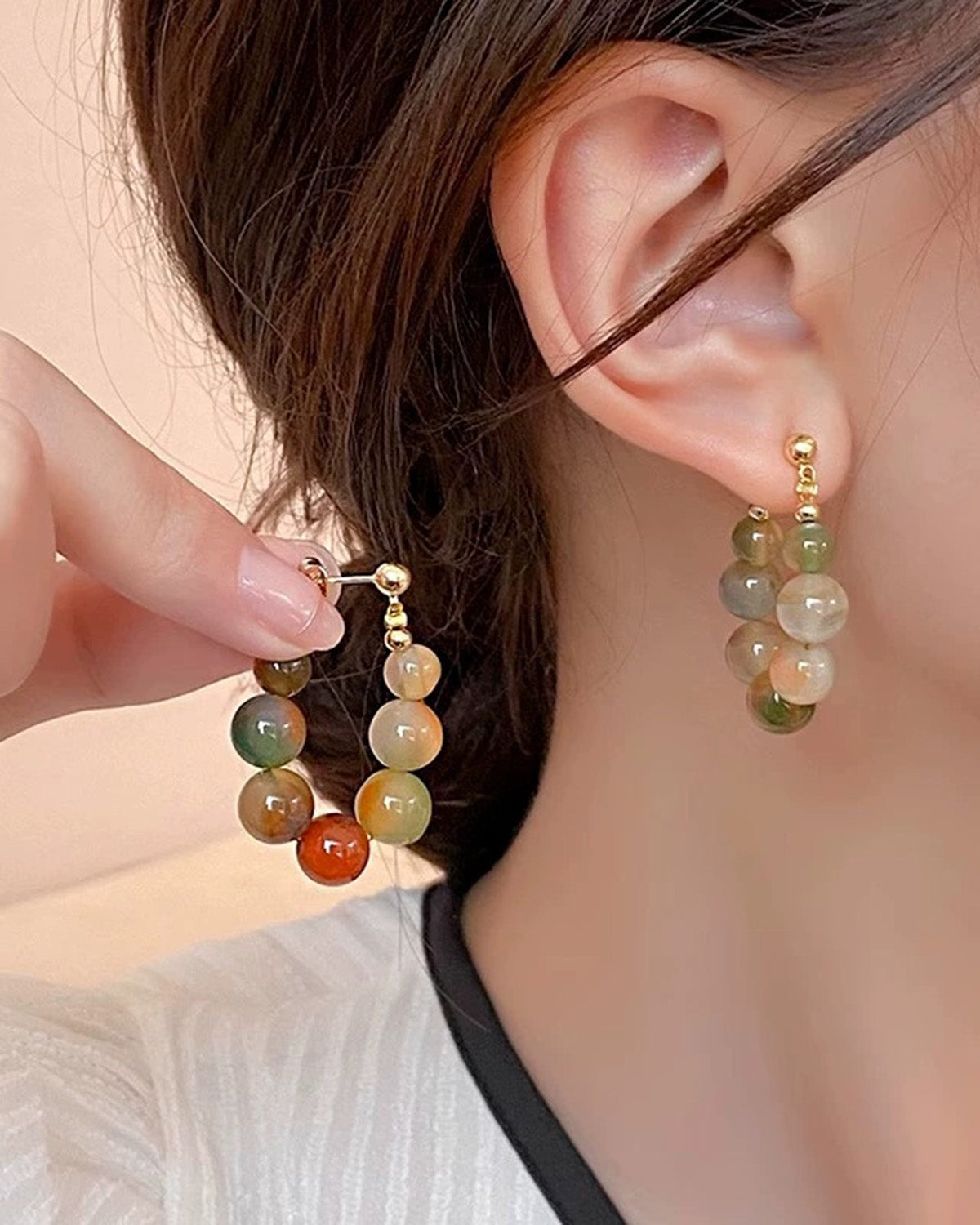Rainbow Agate Beaded Stud Earring on the model