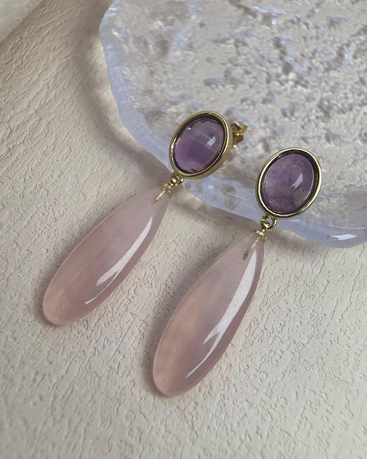 Strawberry Quartz Grace Drop Earrings with Amethyst Oval Stone