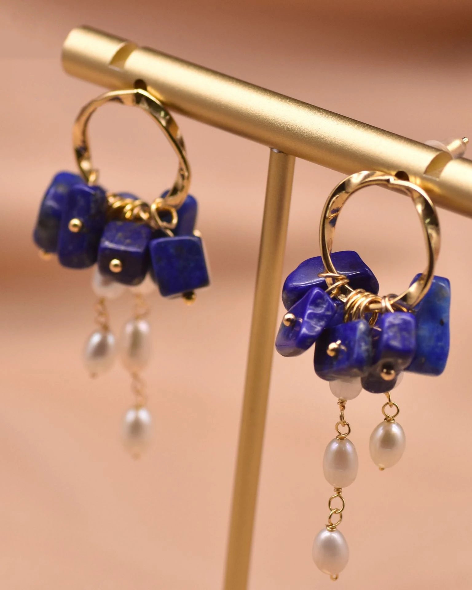Lapis Lazuli Gemstone Chip Gold Earrings