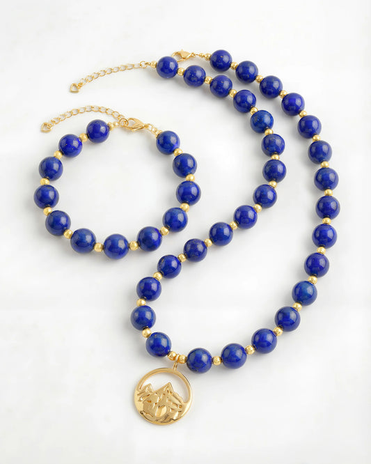 Lapis Lazuli Mountain Gold Necklace & Bracelet Set – Clarity & Serenity