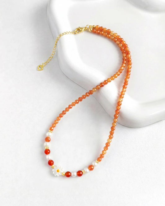 Orange and Red Agate Gold Daisy Necklace