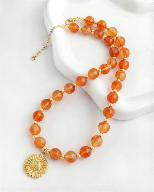 Orange Agate Sunflower Gold Necklace – Warmth & Creativity
