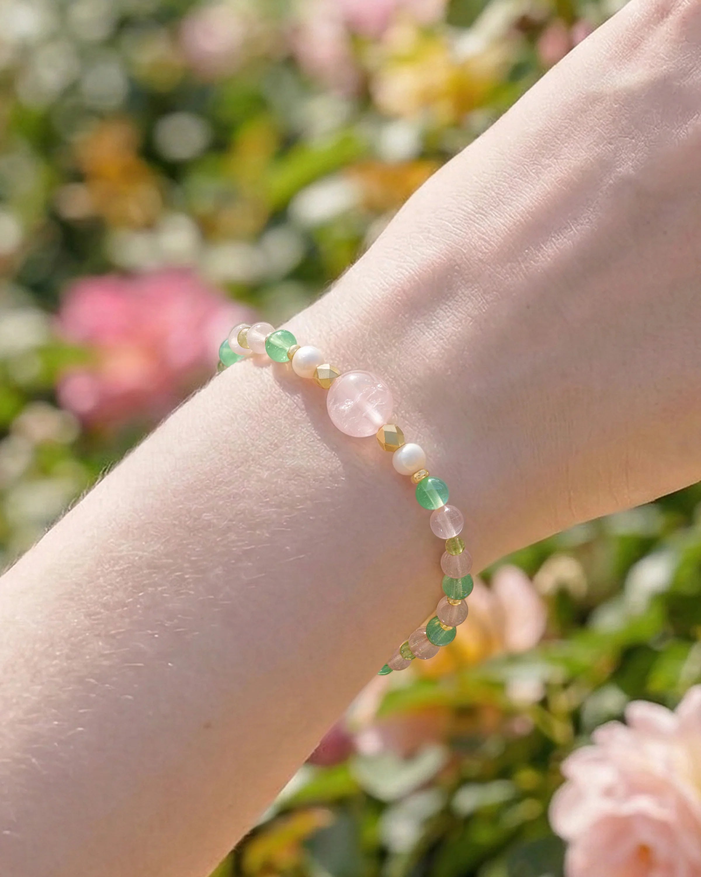 Peridot Rose Quartz Aventurine 14K Gold Plated Bracelet