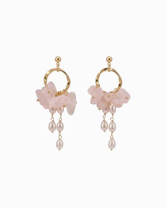 Pink Rose Quartz Gemstone Chip Gold Earrings