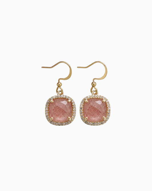 Pink Strawberry Gold Square Earrings