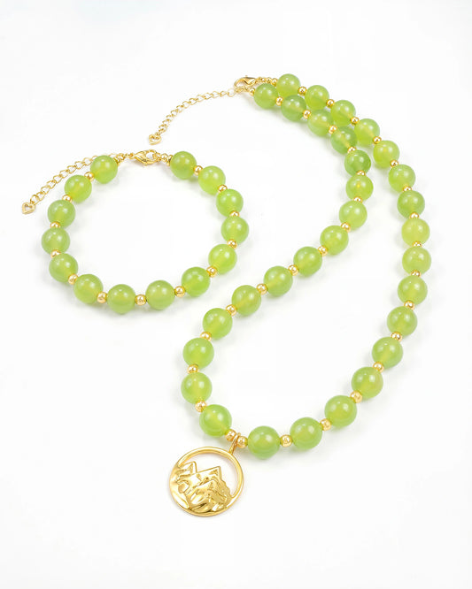 Prehnite Mountain Gold Necklace & Bracelet Set – Freshness & Tranquility