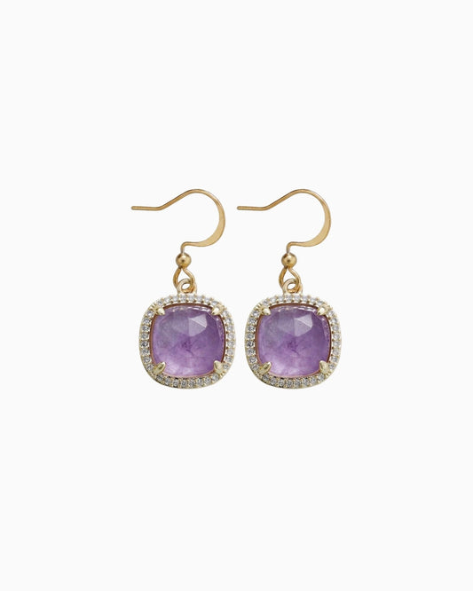 Purple Amethyst Gemstone Gold Square Earrings