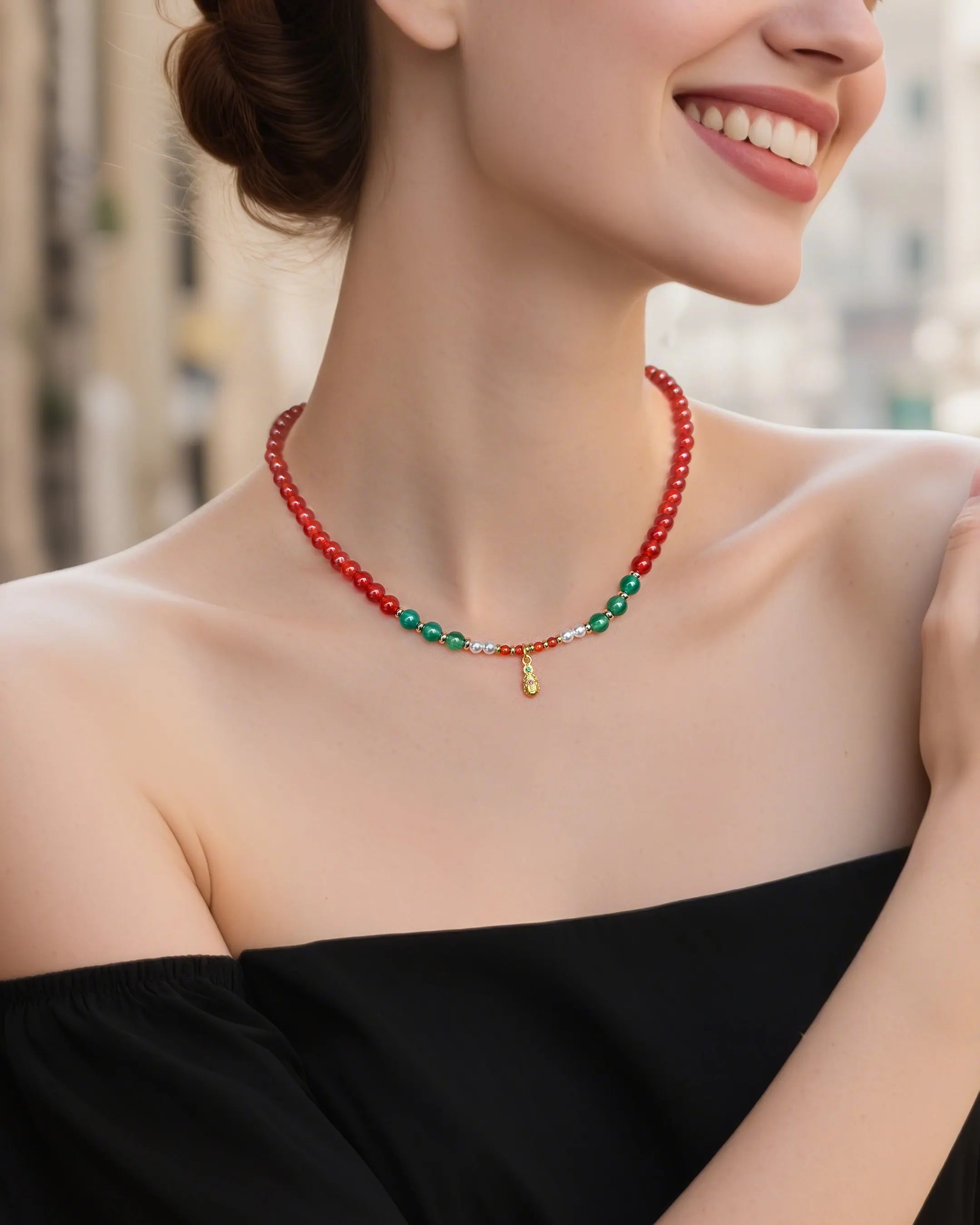 Red Agate Beaded Necklace with Pixiu Charm on the model