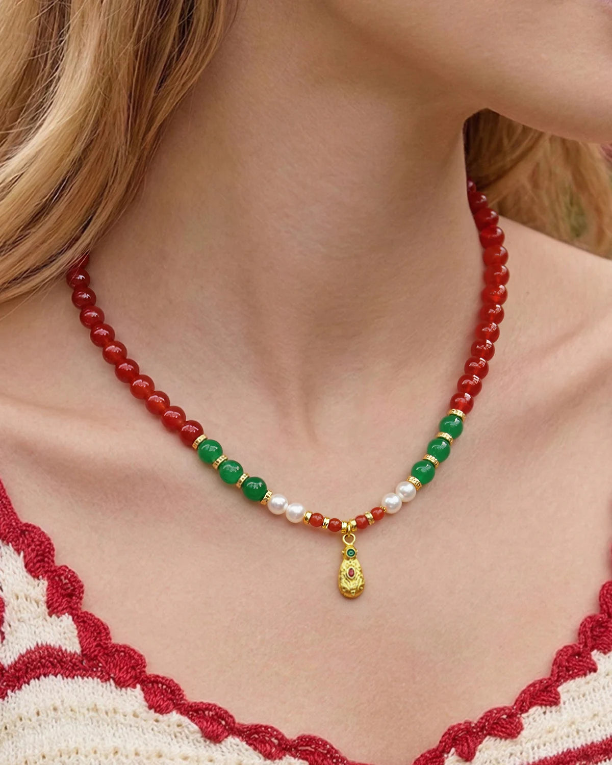 Red Agate Beaded Necklace with Pixiu Charm on the model