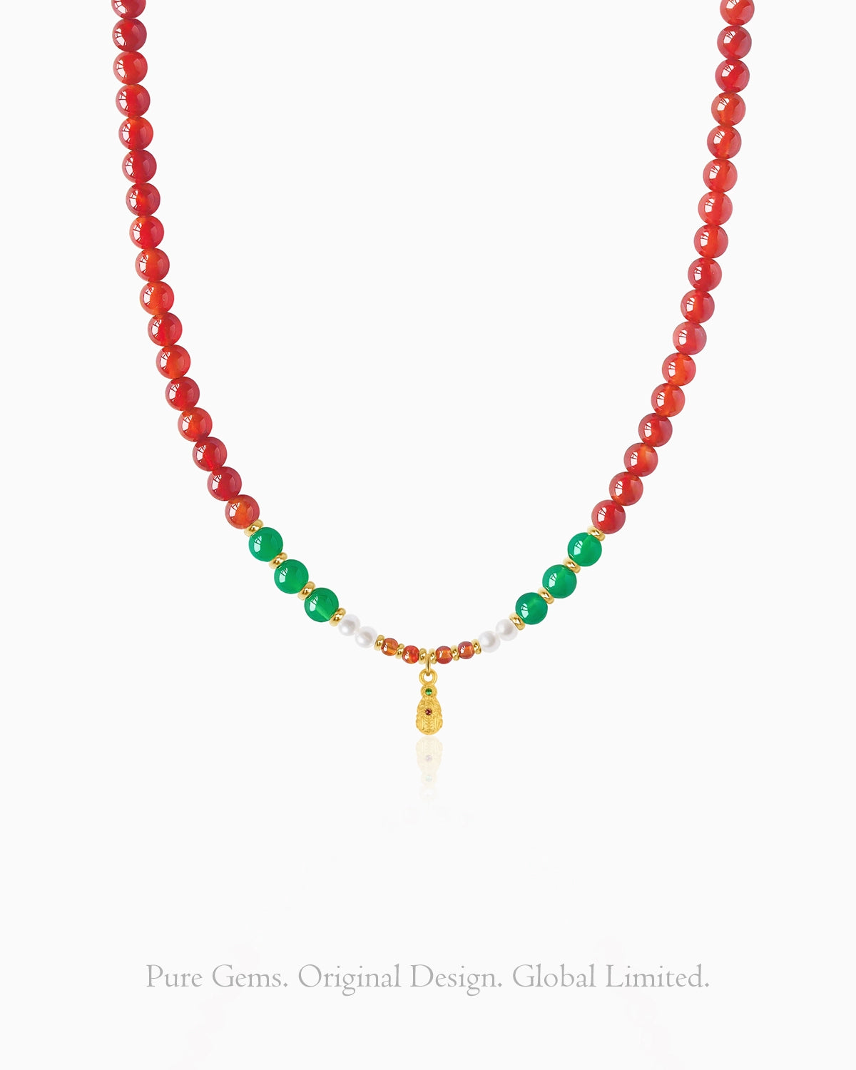 Red & Green Agate 14K Gold Plated Beaded Necklace with Pixiu Pendant