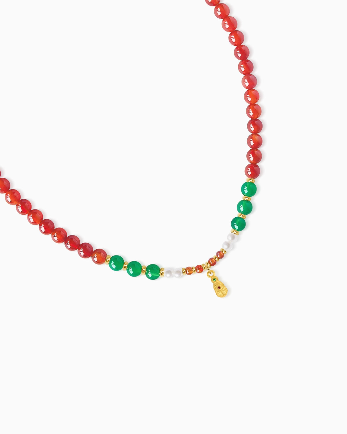 Red & Green Agate 14K Gold Plated Beaded Necklace with pixiu pendant