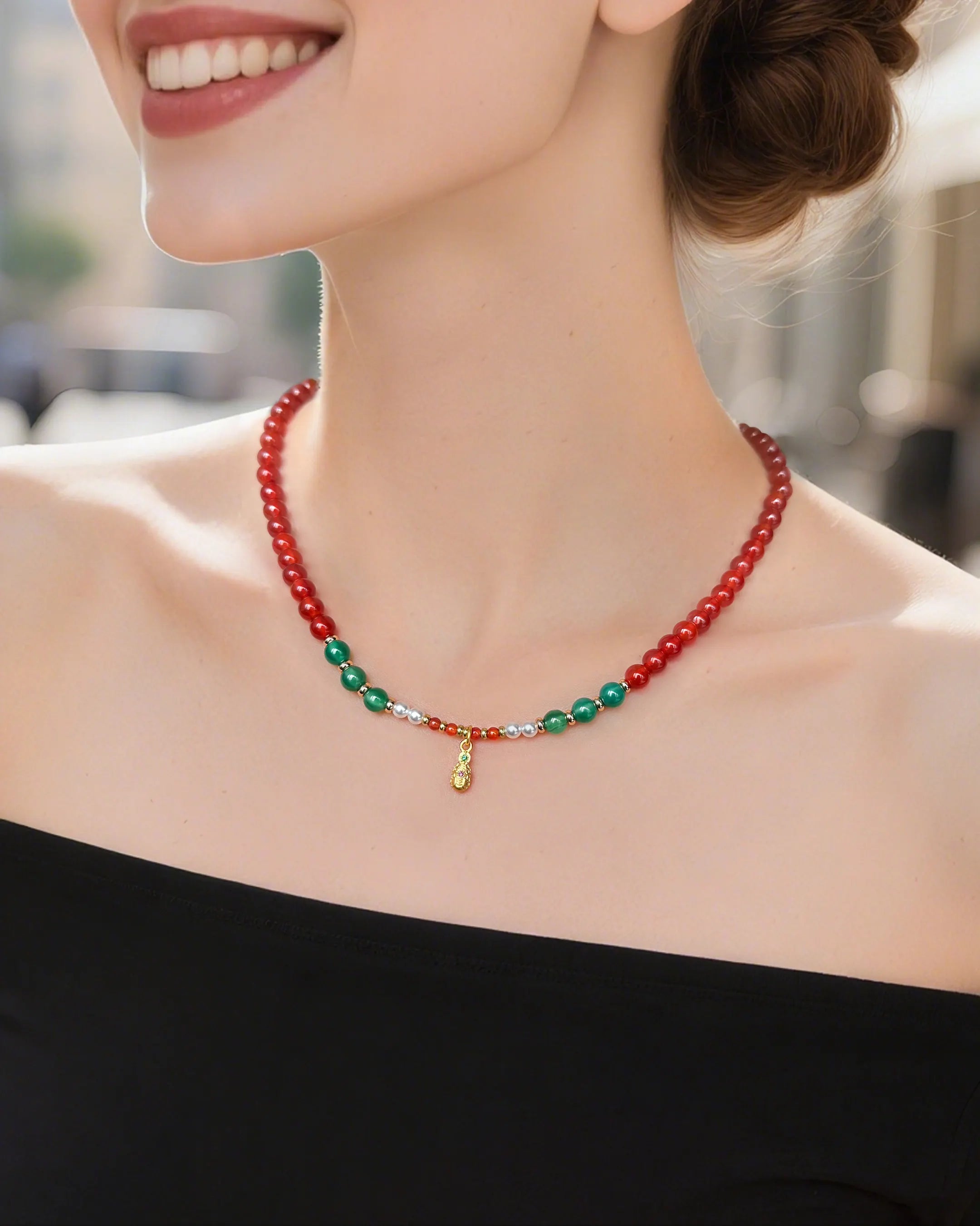 Red Agate Beaded Necklace with Pixiu Charm on the model
