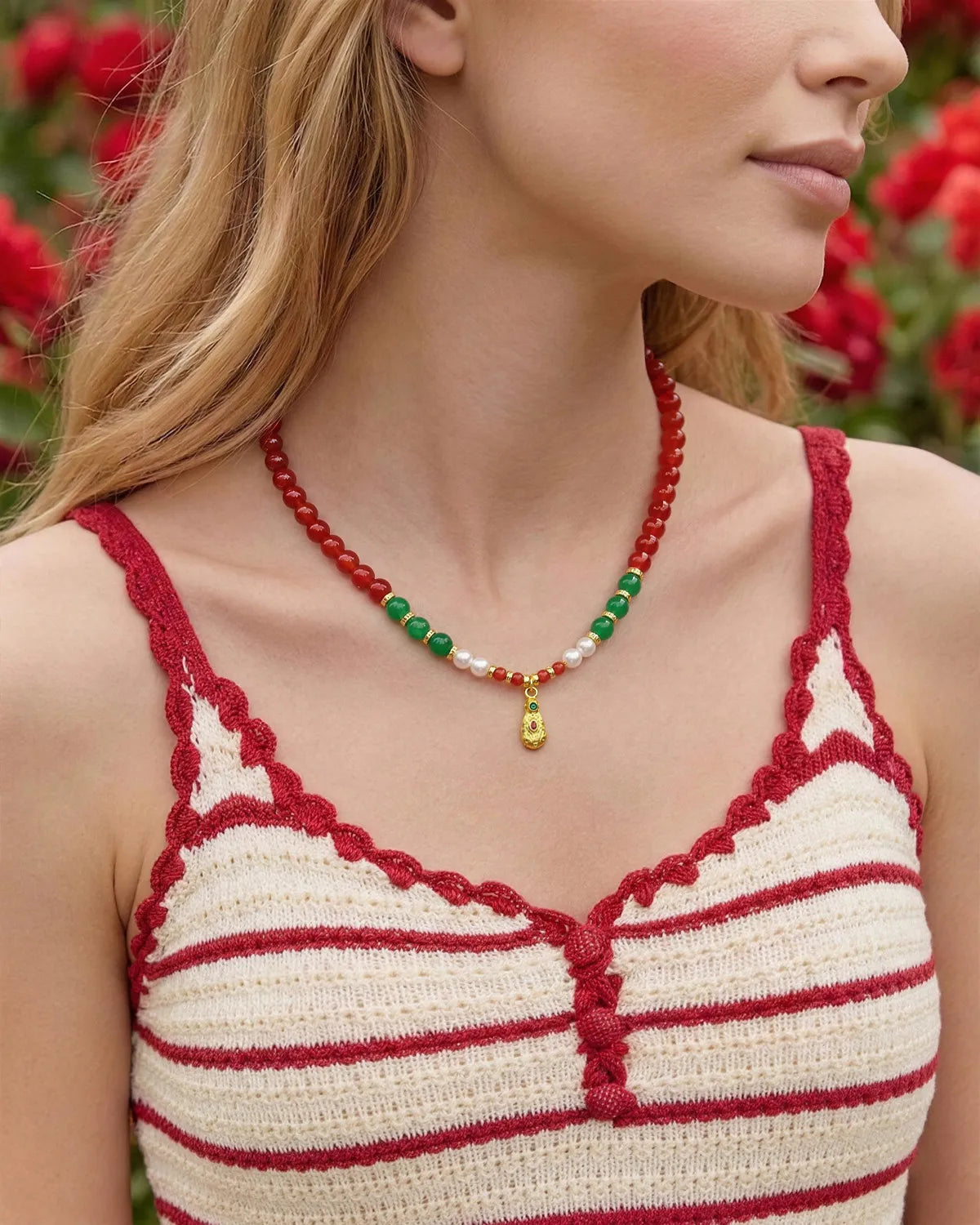 Red Agate Beaded Necklace with Pixiu Charm on the model
