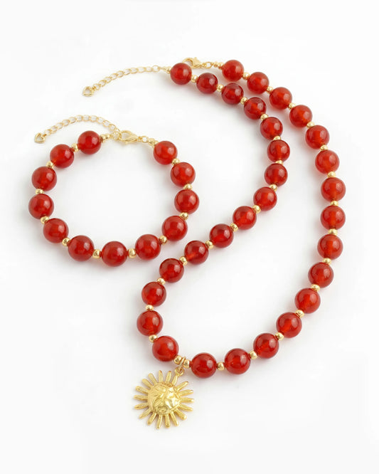 Red Agate Sun Gold Necklace & Bracelet Set – Passion & Courage