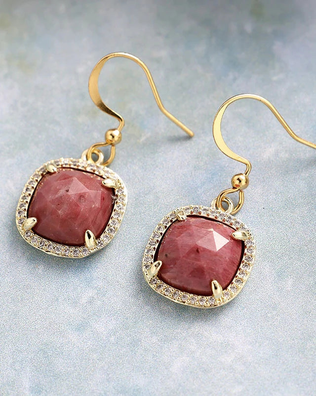 Rose Quartz Gold Square Earrings