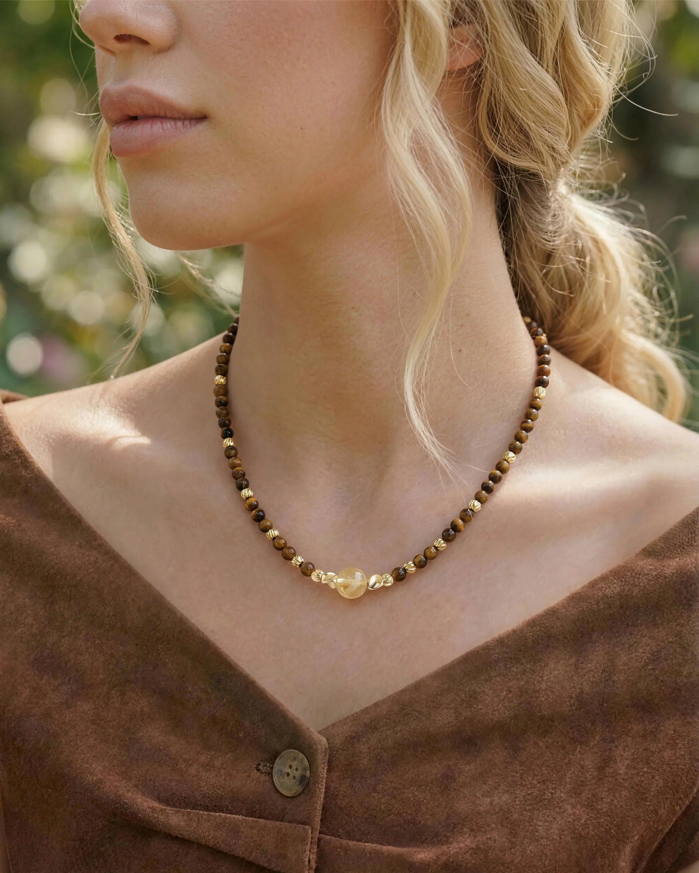 Tiger's Eye Citrine Gold Beaded Focal Necklace