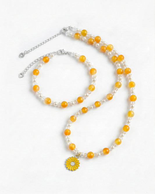 Yellow Jade Daisy Silver Necklace and Bracelet Set