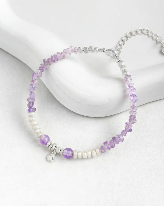 Amethyst Pearl Irregular Silver Bracelet – Clarity & Intuition