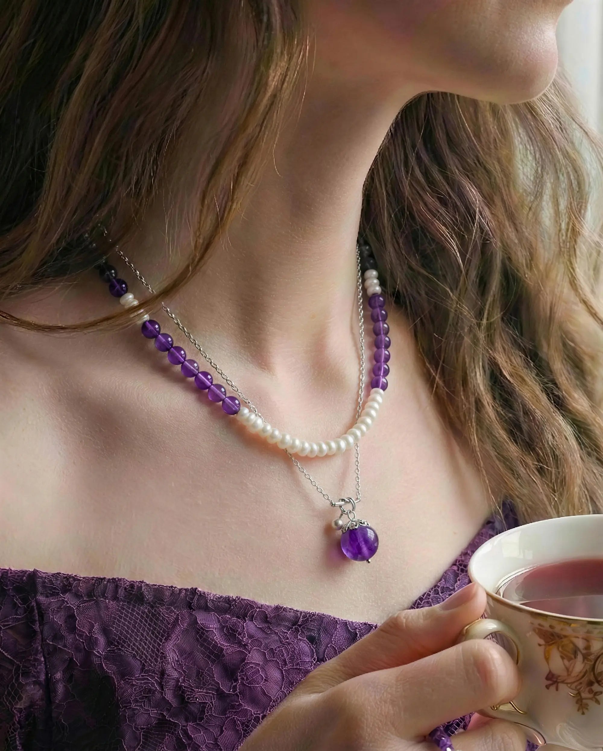 amethyst beaded necklace set