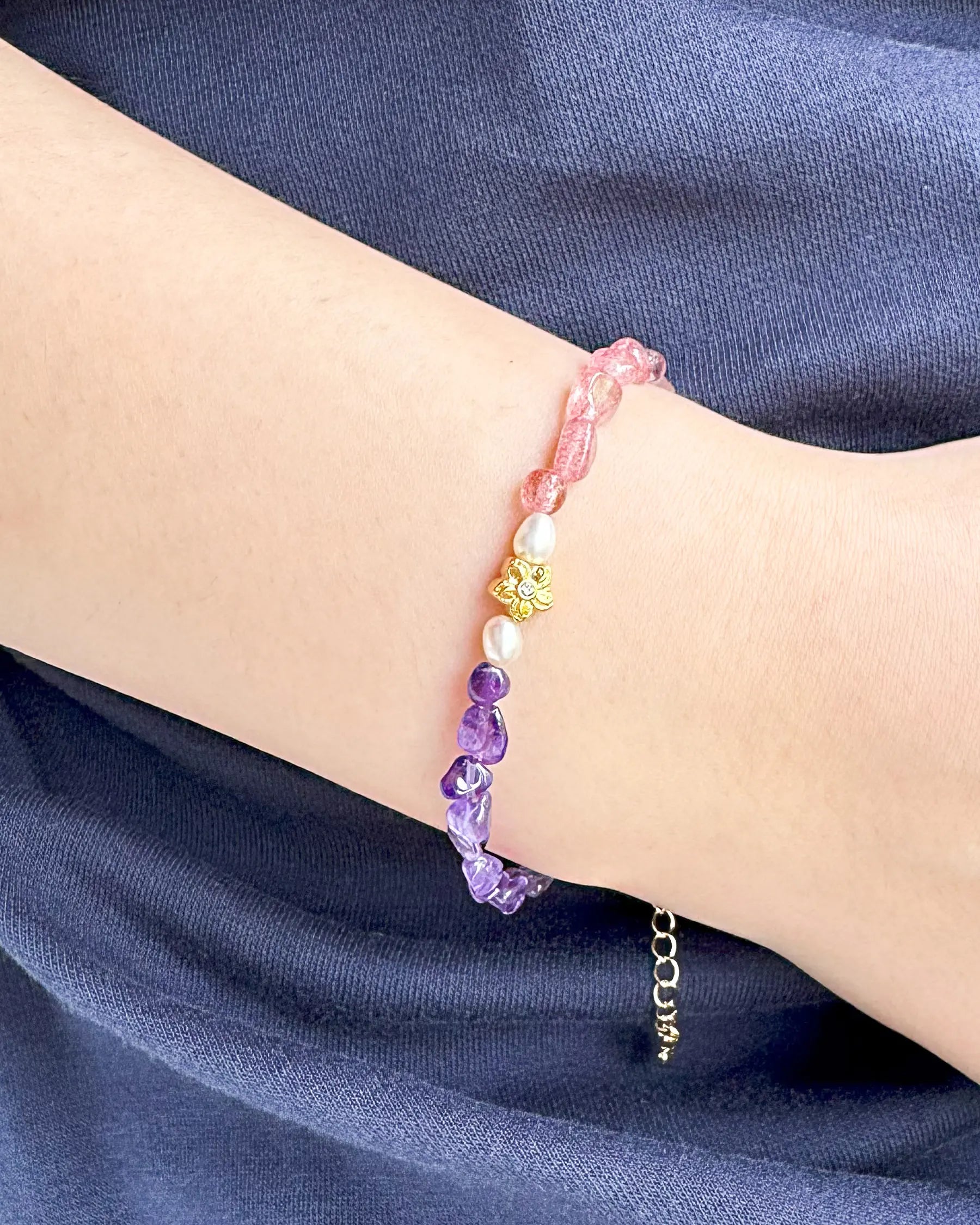 amethyst strawberry quartz irregular beaded bracelet