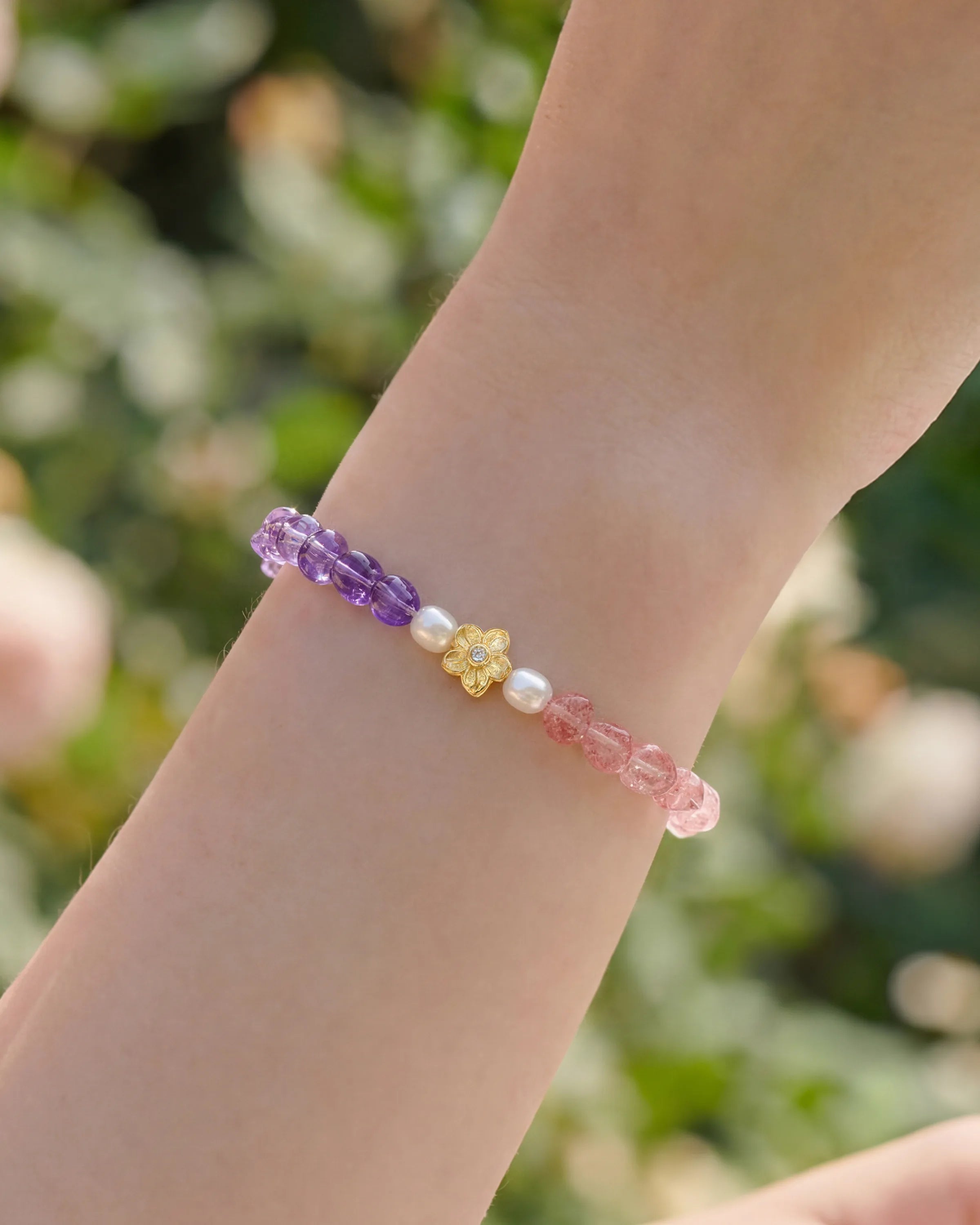 amethyst strawberry quartz irregular beaded bracelet