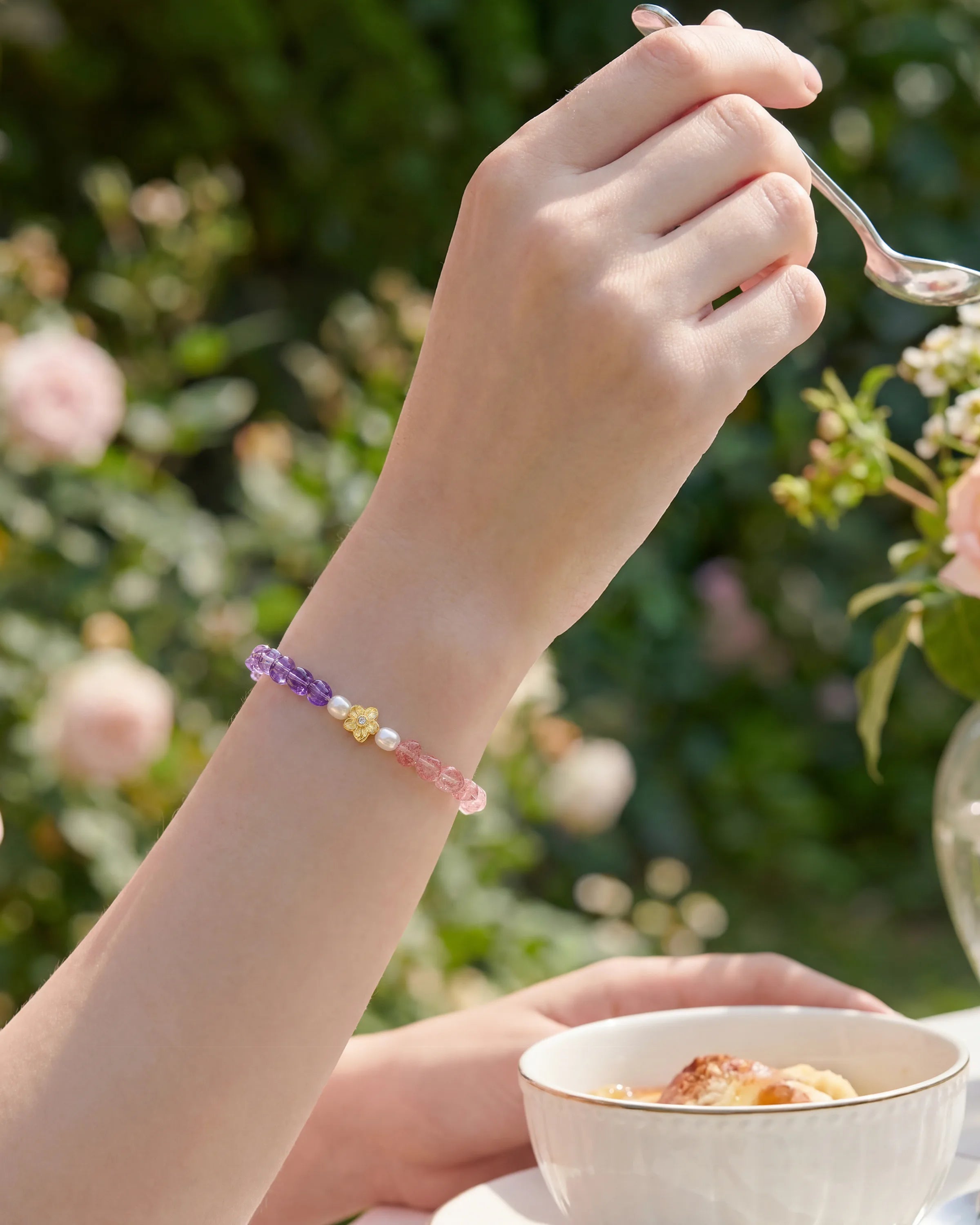 amethyst strawberry quartz irregular beaded bracelet