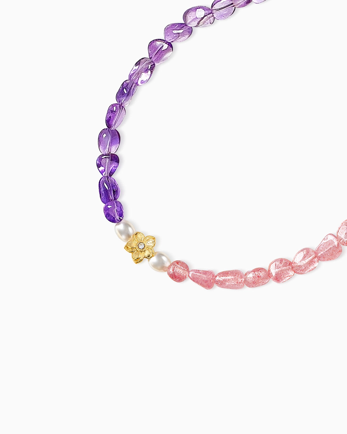 details of amethyst strawberry quartz irregular beaded bracelet