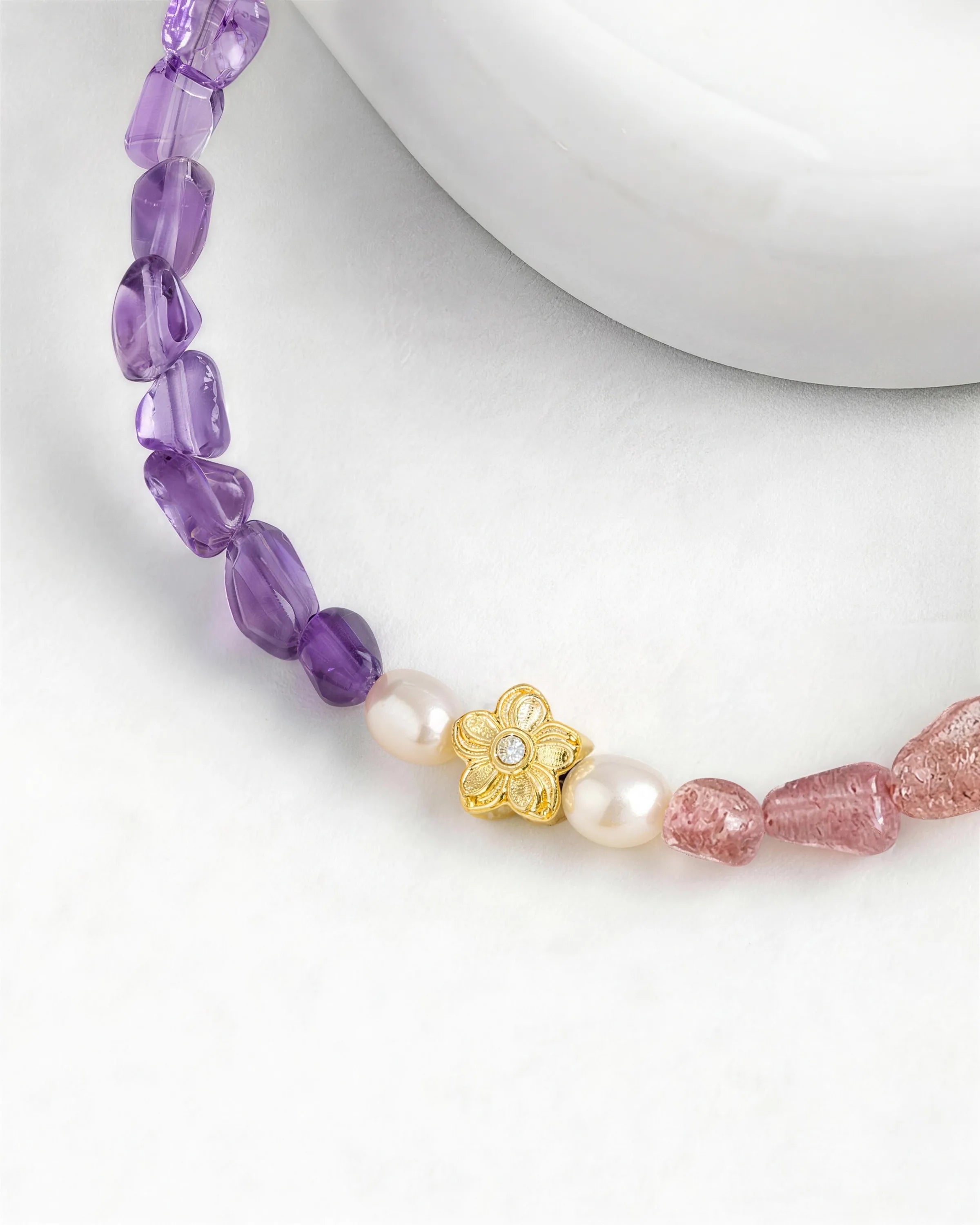 details of amethyst strawberry quartz irregular beaded bracelet