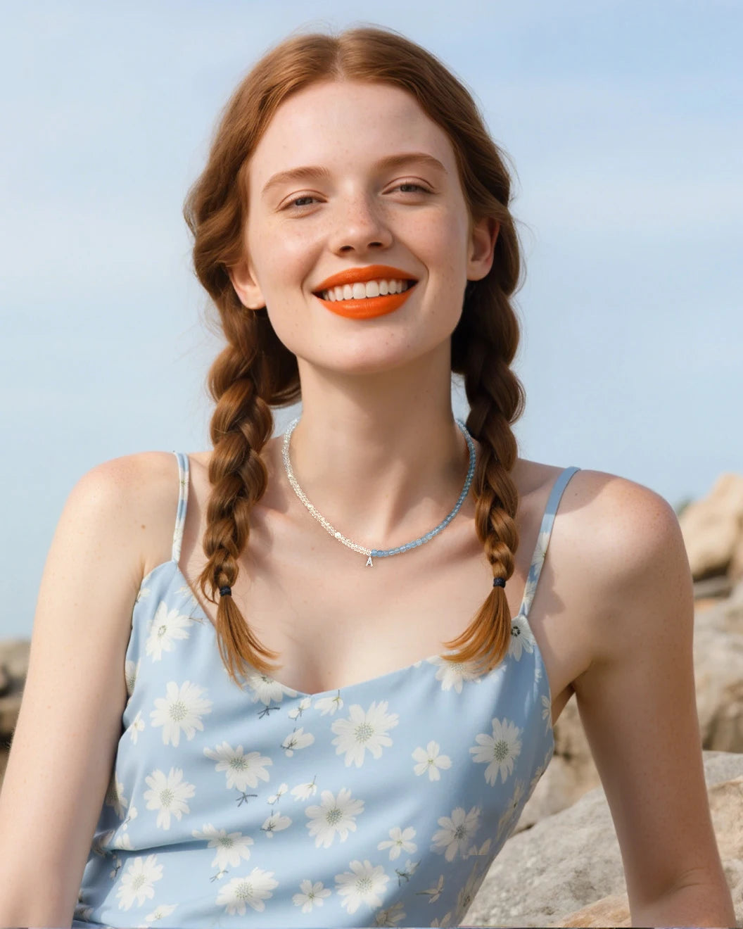 aquamarine initial beaded necklace on the model