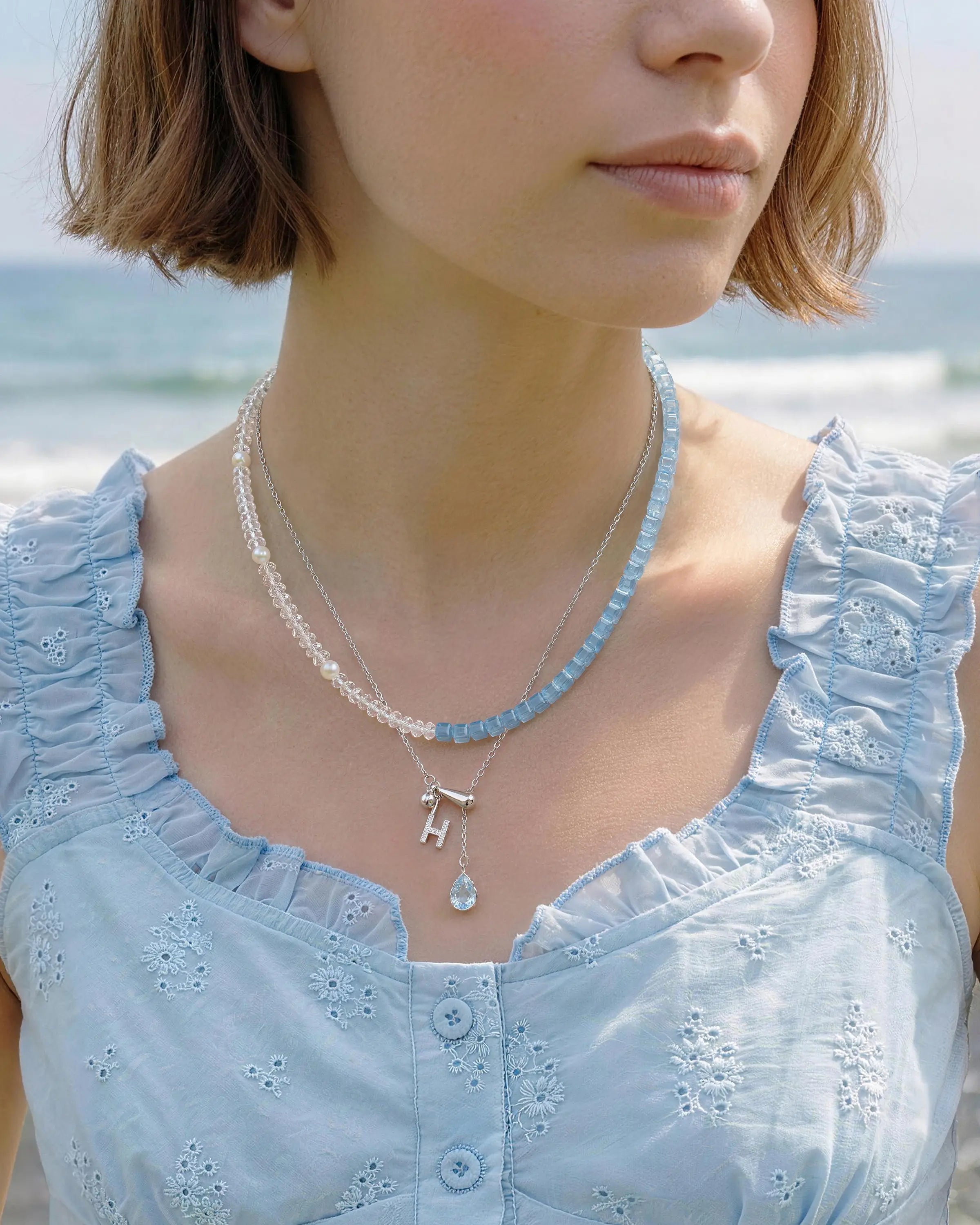 aquamarine jewelry set on model