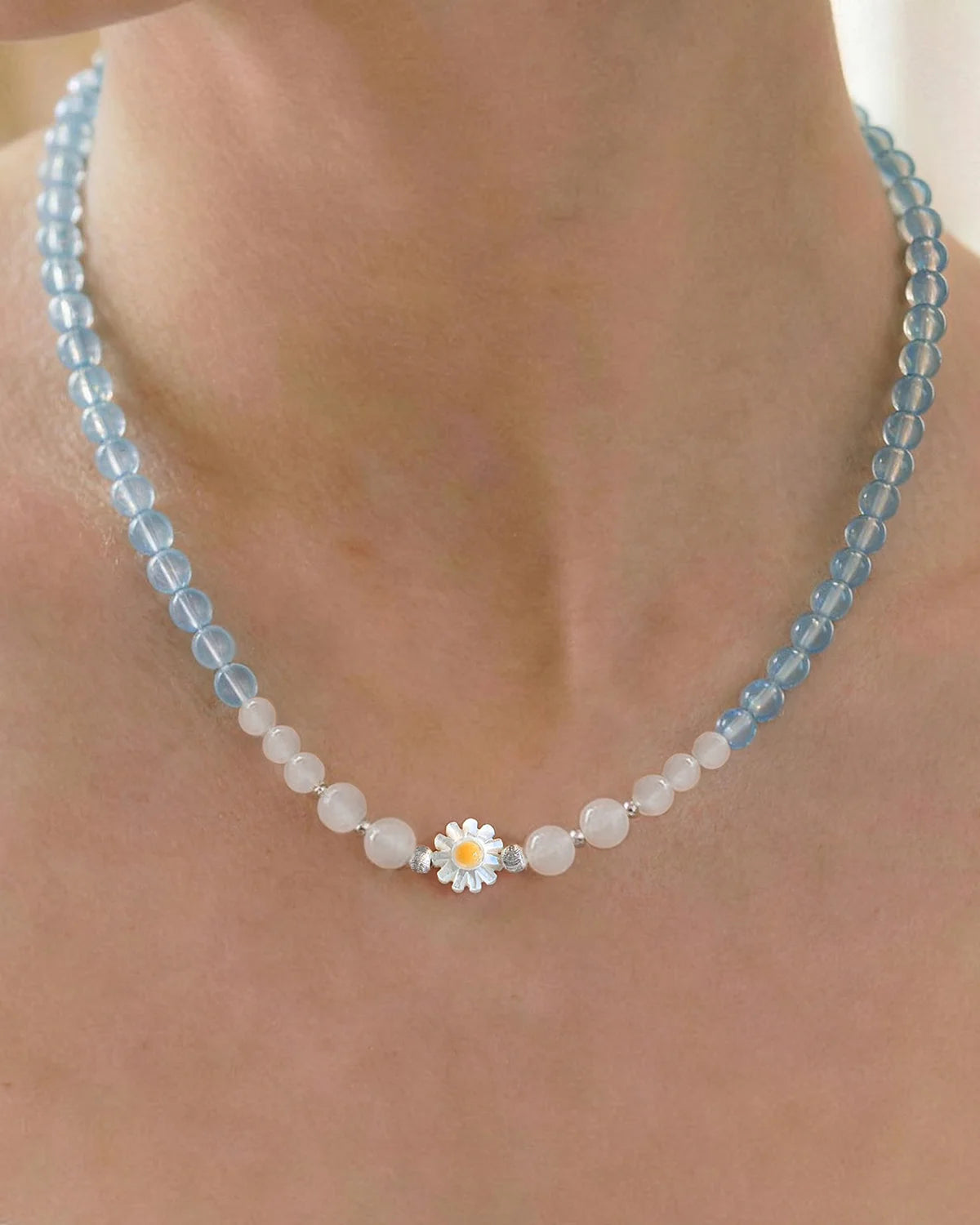 Aquamarine Moonstone 14K Gold Plated Beaded Necklace with daisy