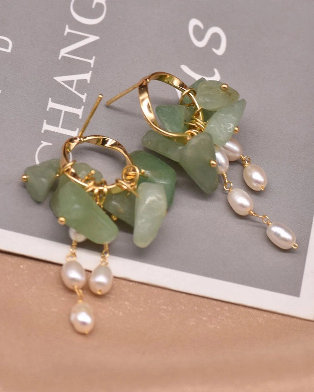 aventurine gemstone chip gold earrings