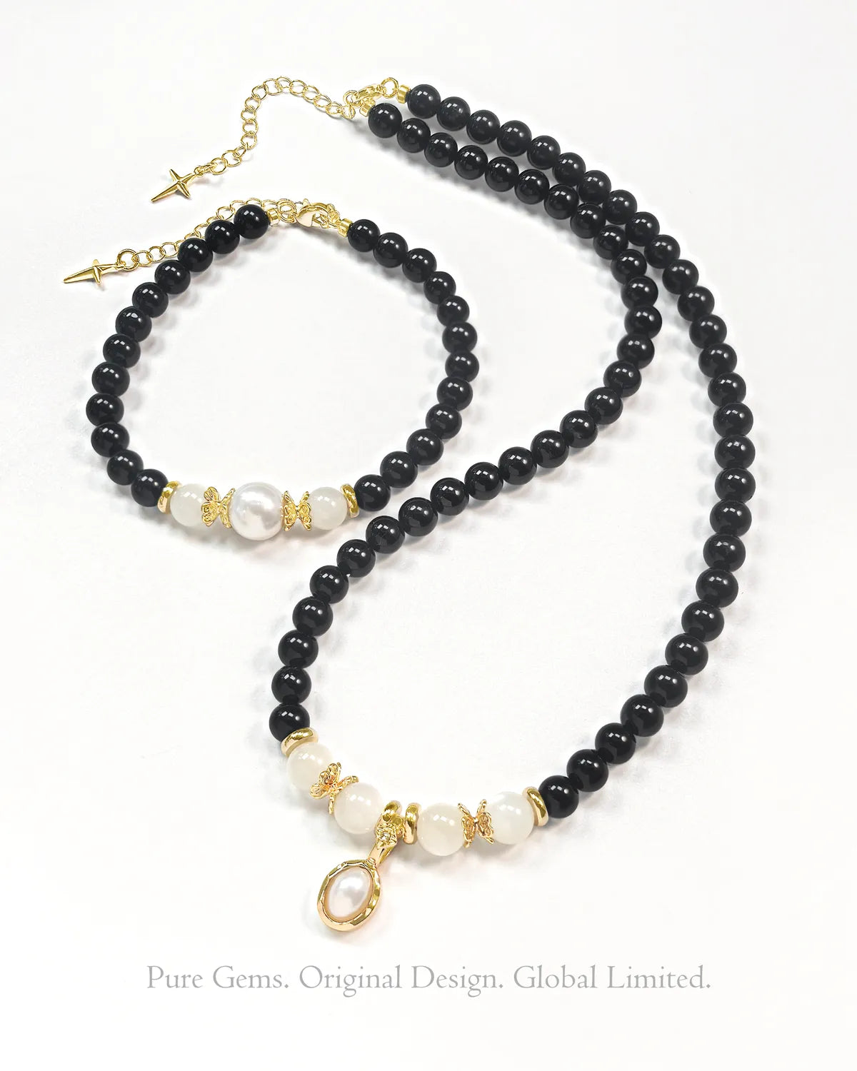 Black Onyx Moonstone 14K Gold Plated Necklace and Bracelet Set