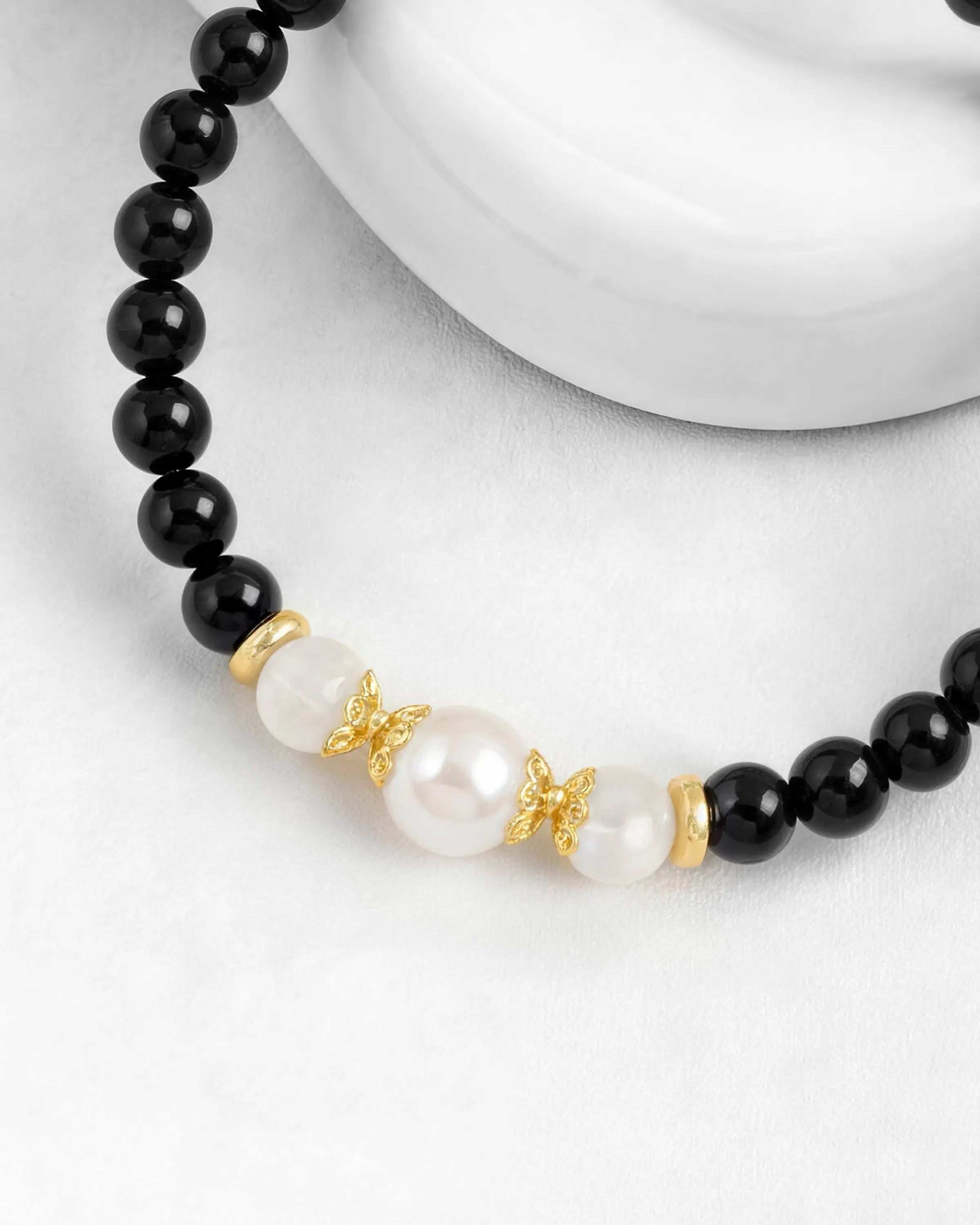 black onyx moonstone beaded gold plated bracelet