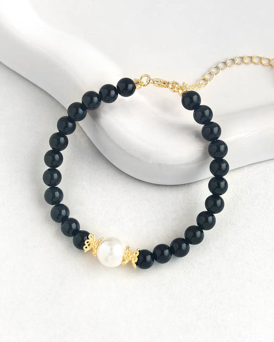 ブラックオニキスパールゴールドメッキスターリングシルバーブレスレット - グラウンディング&プロテクション