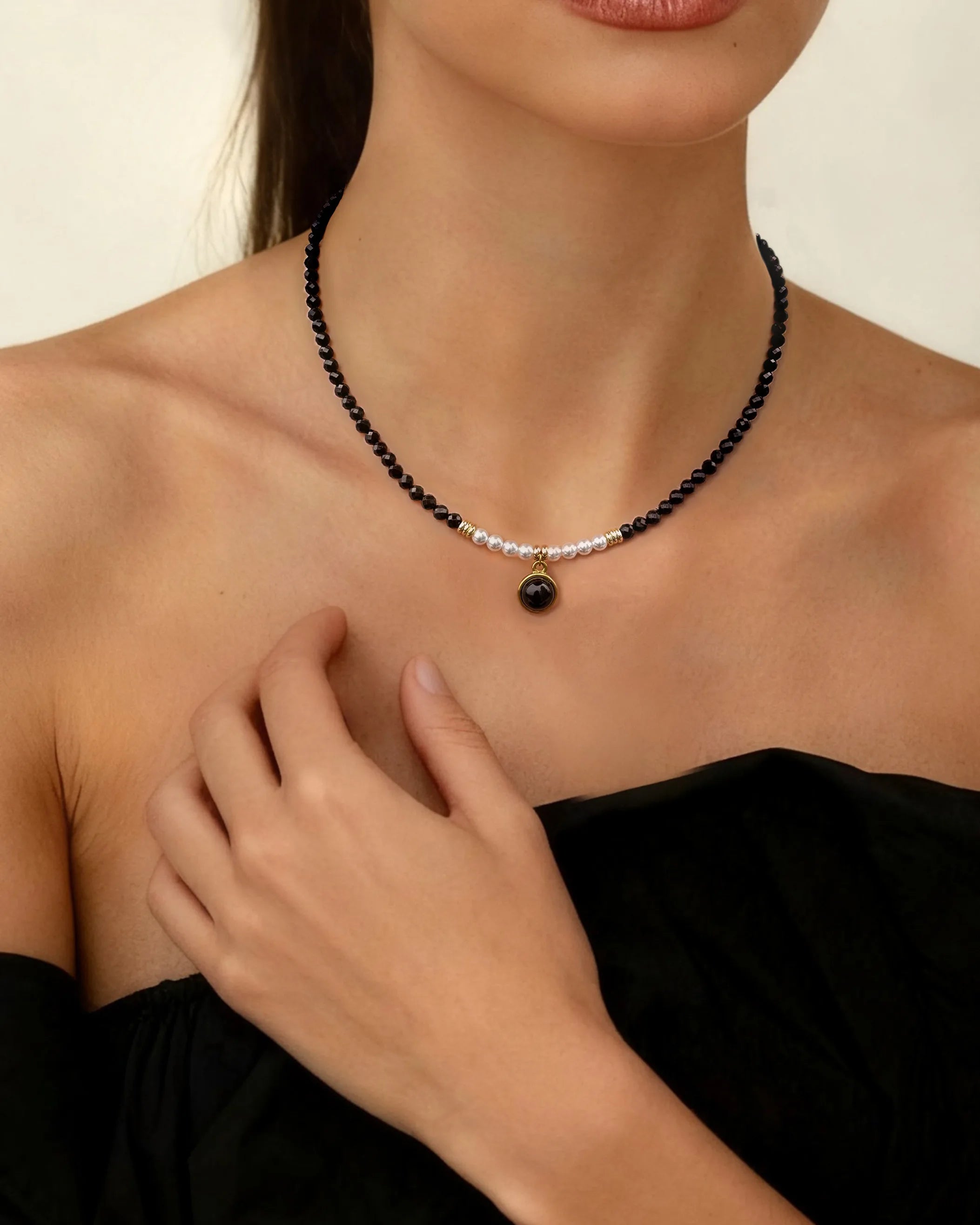 Black Tourmaline Pearl 14K Gold Plated Beaded Necklace
