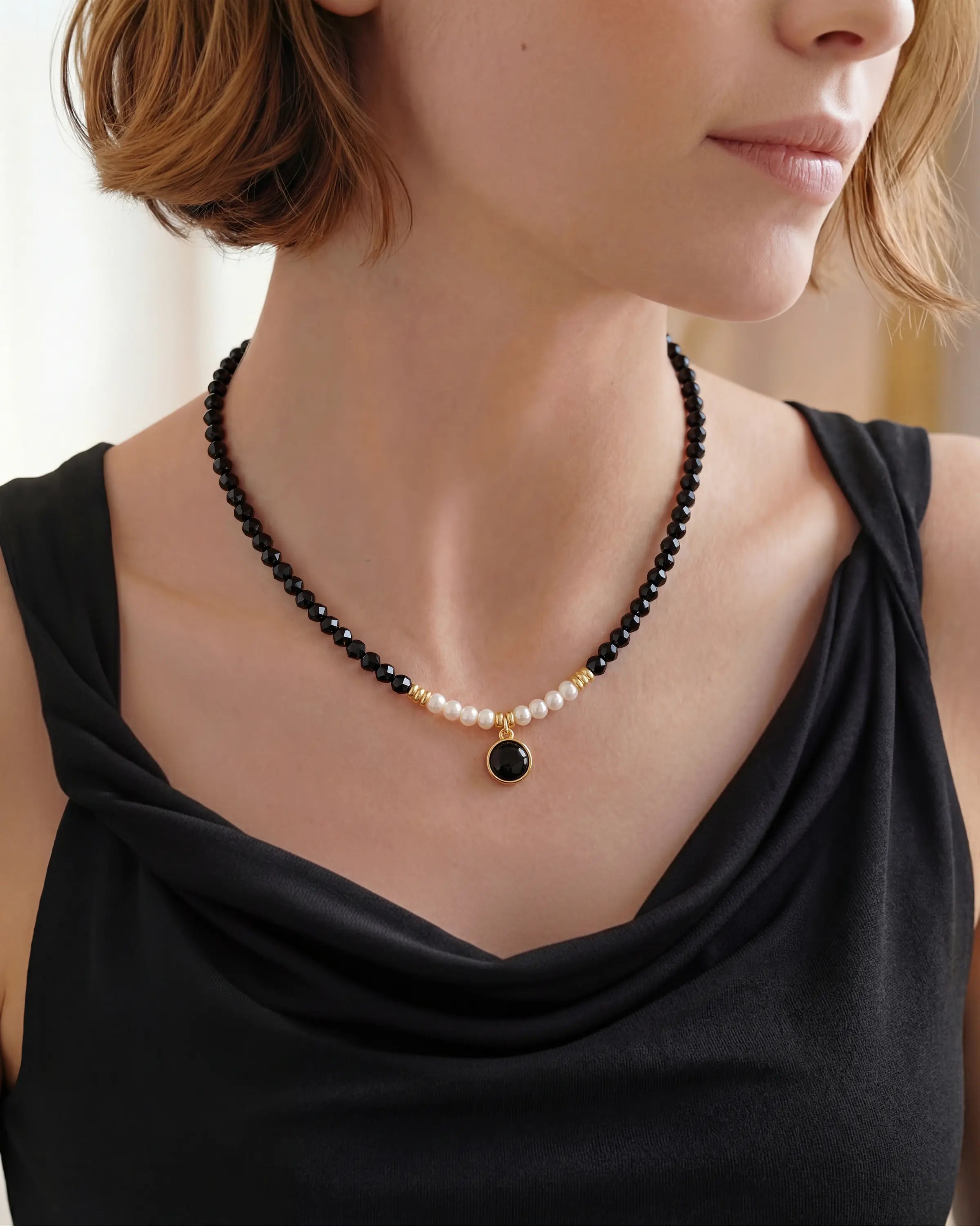 Black Tourmaline Pearl 14K Gold Plated Beaded Necklace