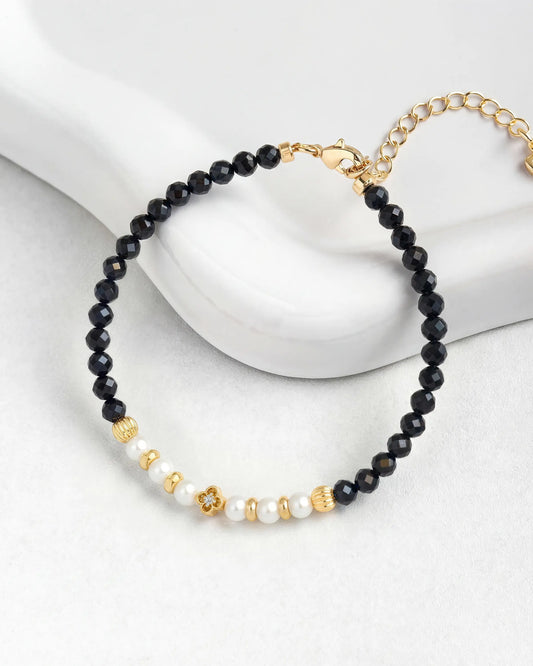 Black Tourmaline & Pearl Clover Gold Bracelet – Protection & Elegance
