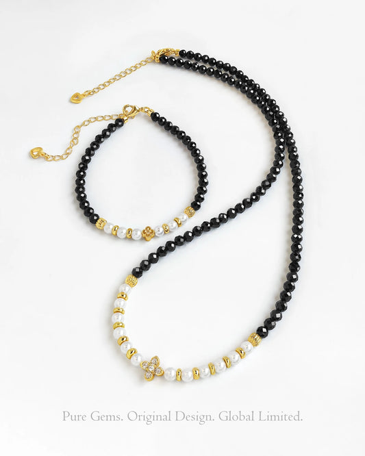 Black Tourmaline Pearl 14K Gold Plated Necklace & Bracelet Set – Stability & Protection