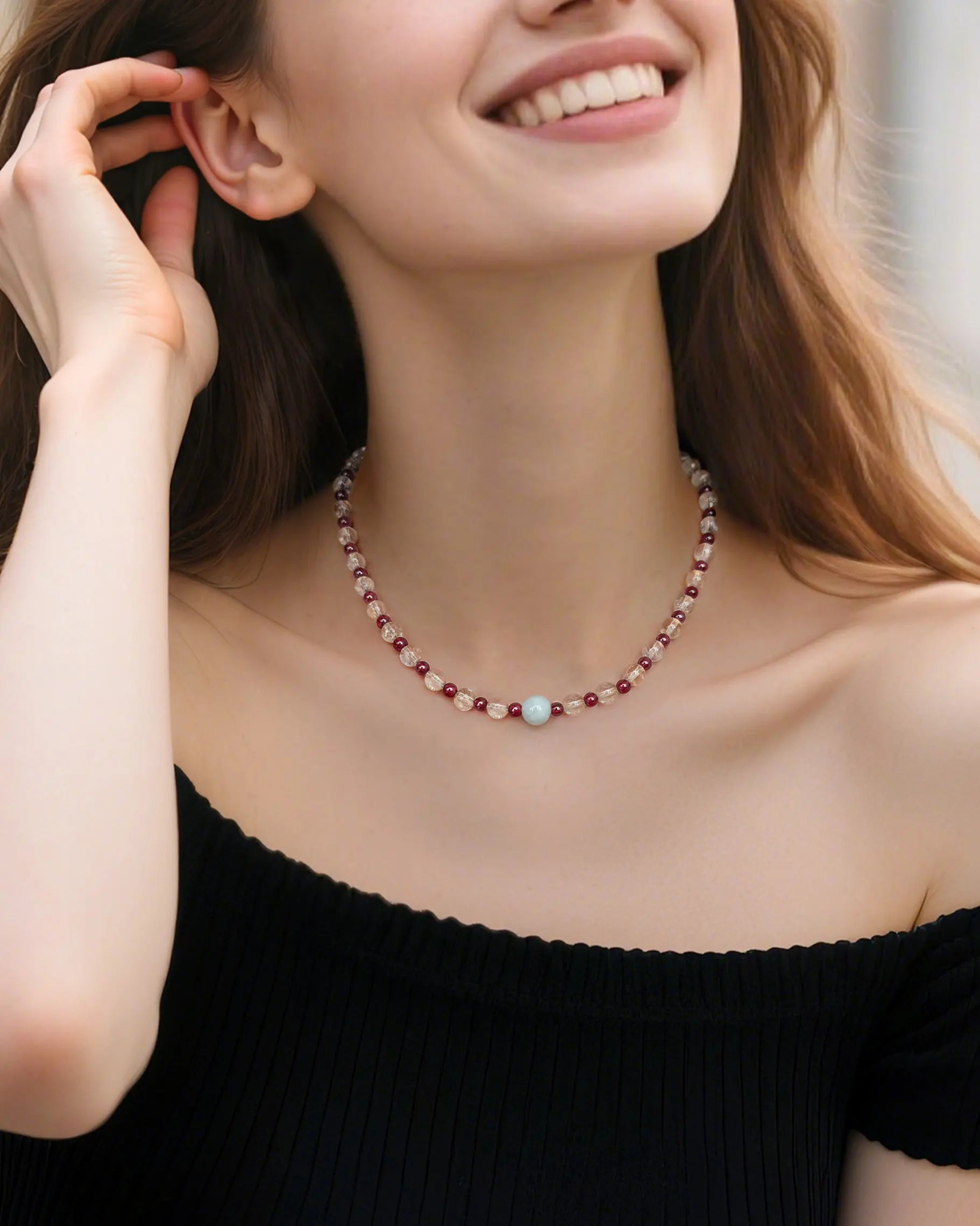 citrine and garnet beaded bracelet on the model