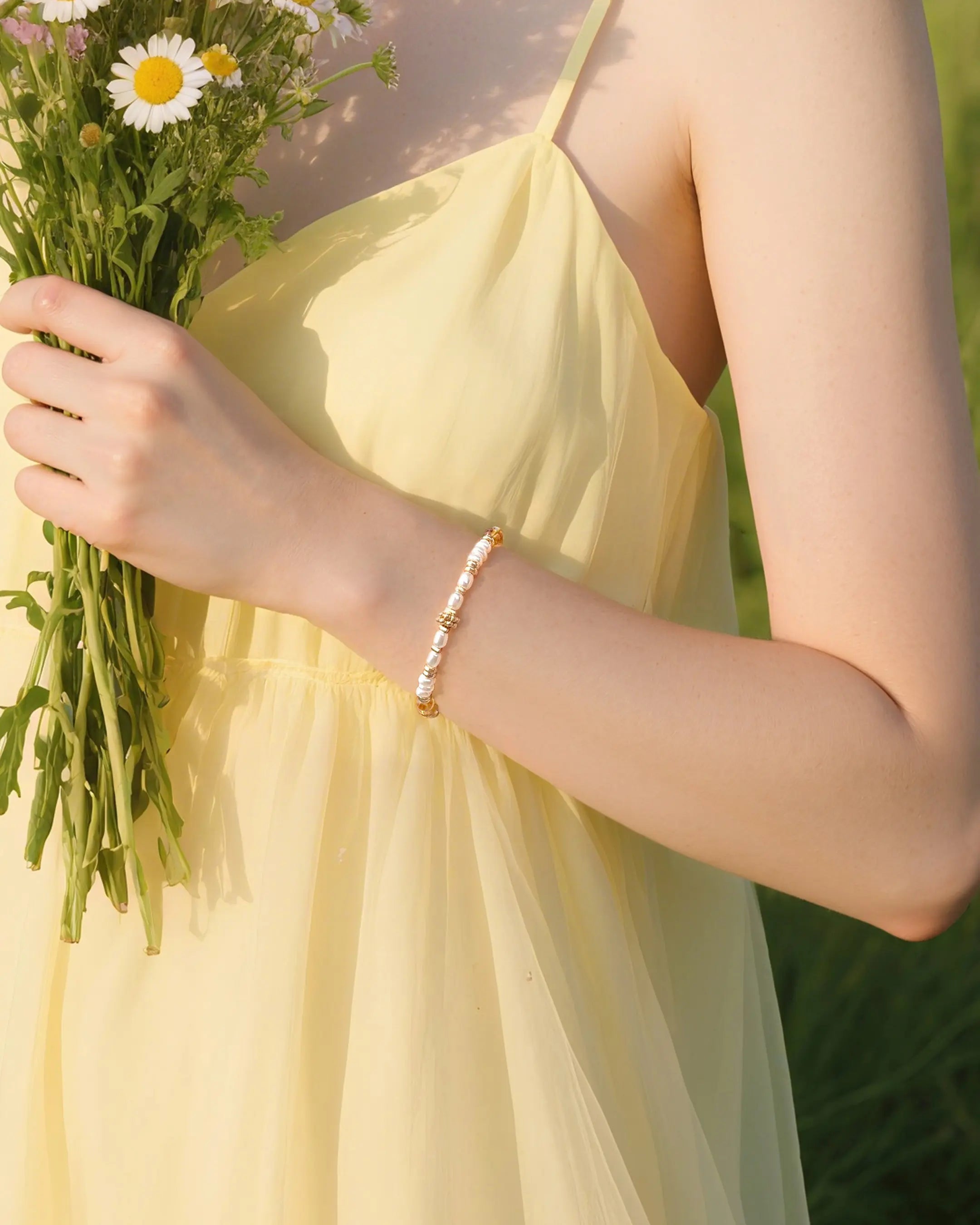 citrine beaded necklace worn by model