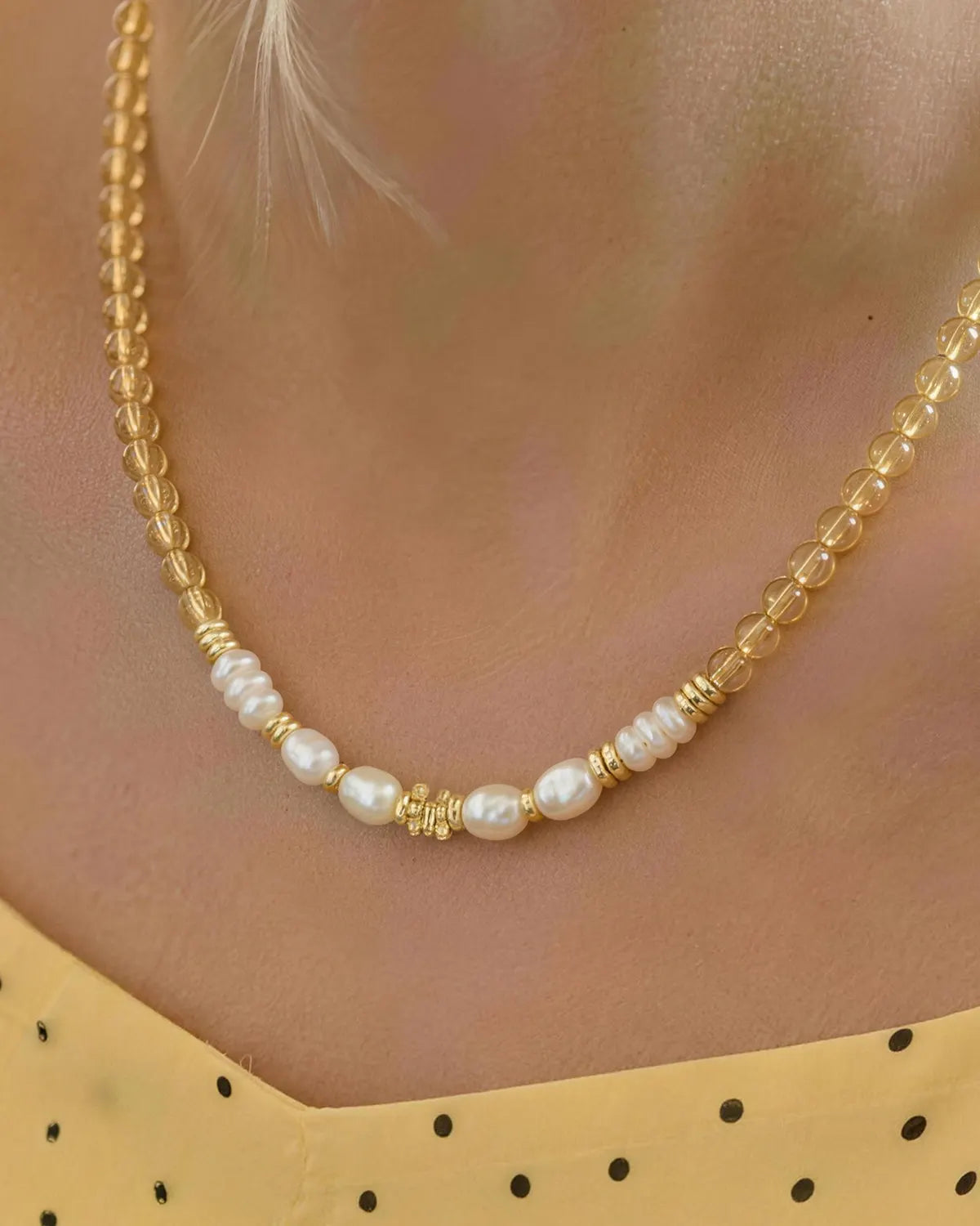 citrine beaded necklace on the model