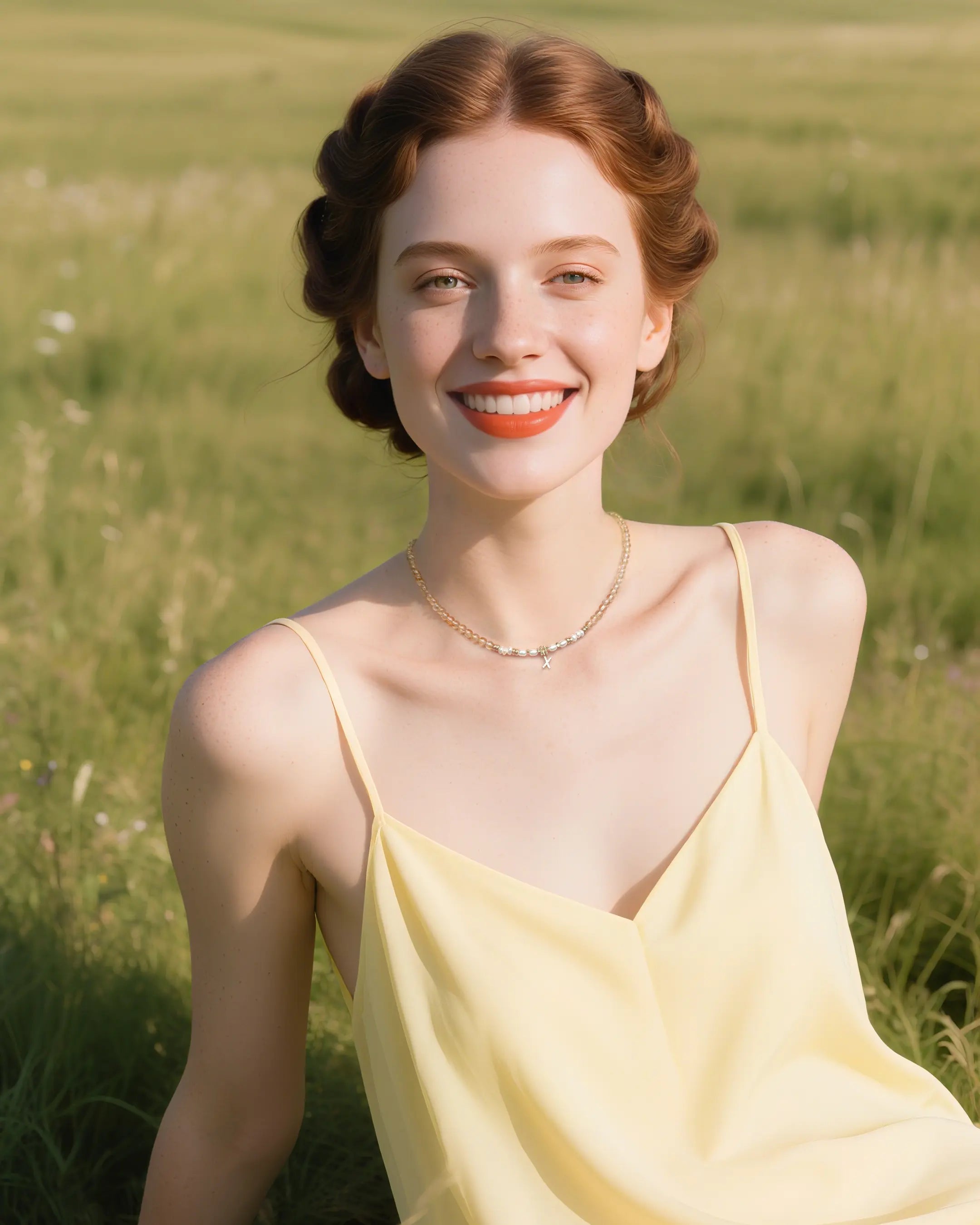 citrine beaded necklace on the model