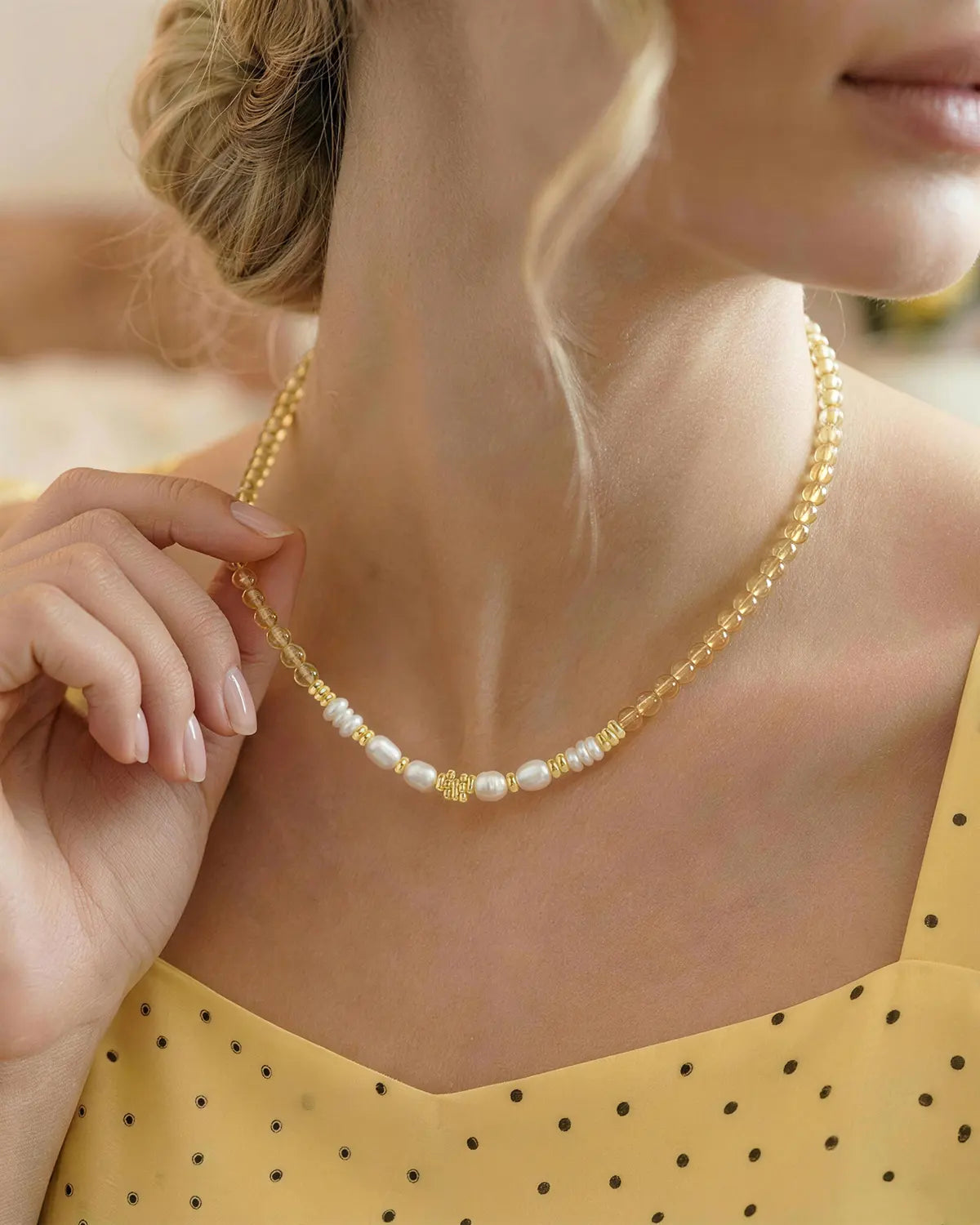 citrine beaded necklace on the model