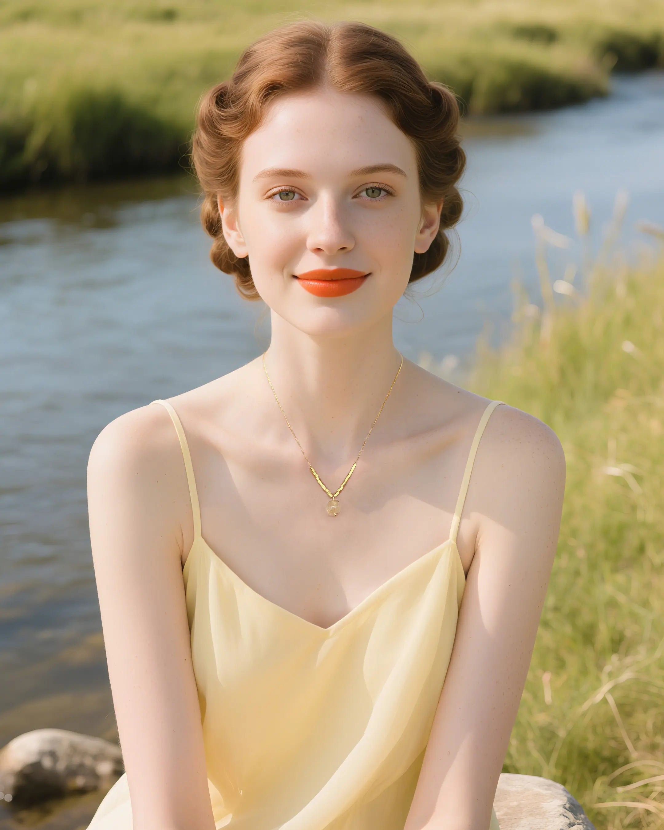 model wearing citrine cube beaded necklace