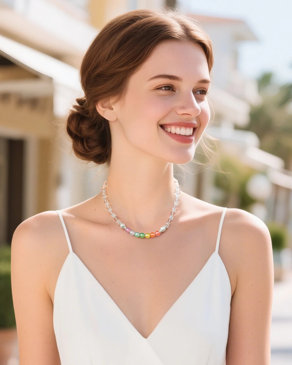 clear quartz rainbow beaded necklace