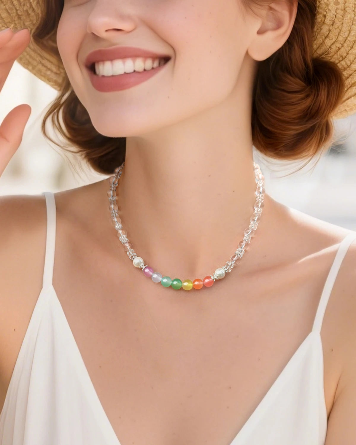 clear quartz rainbow beaded necklace on the model