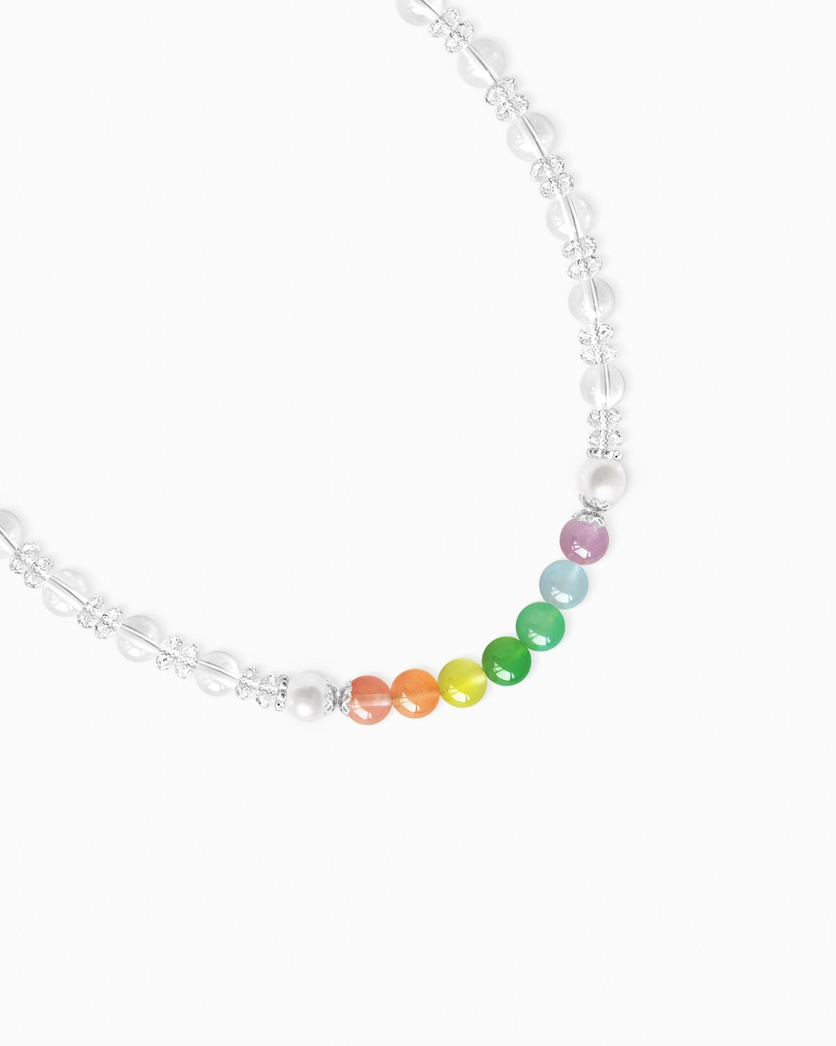 details of clear quartz rainbow beaded necklace