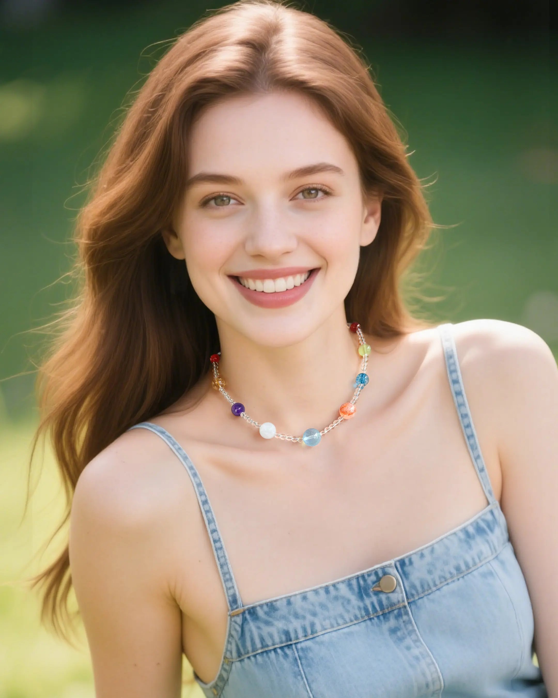 Clear Quartz Rainbow Gold Plated Beaded Necklace on the Model