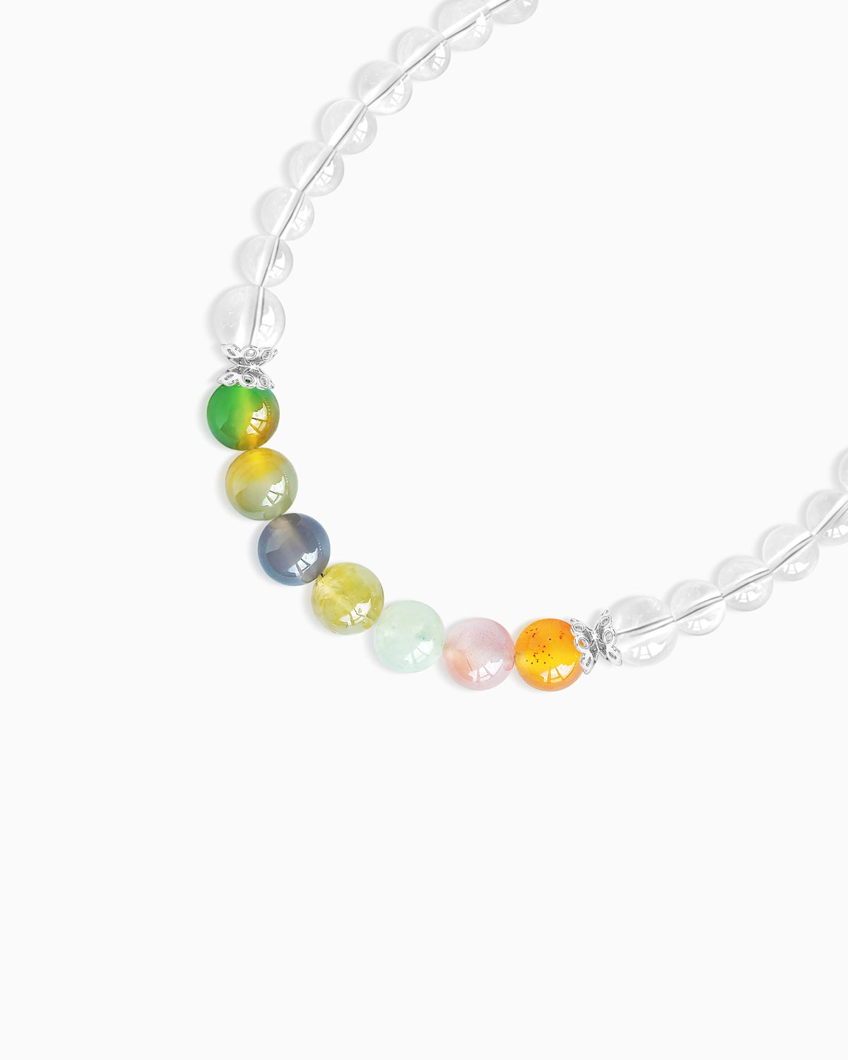 details of clear quartz rainbow colored beaded bracelet